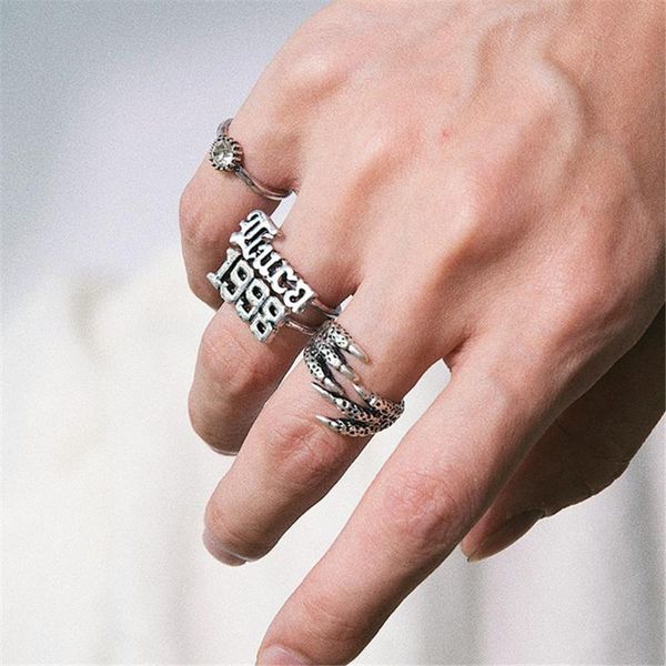 

4 pcs/set vintage letter claw ring set for women antique crystal midi carved geometric knuckle fashion jewelry gift, Golden;silver