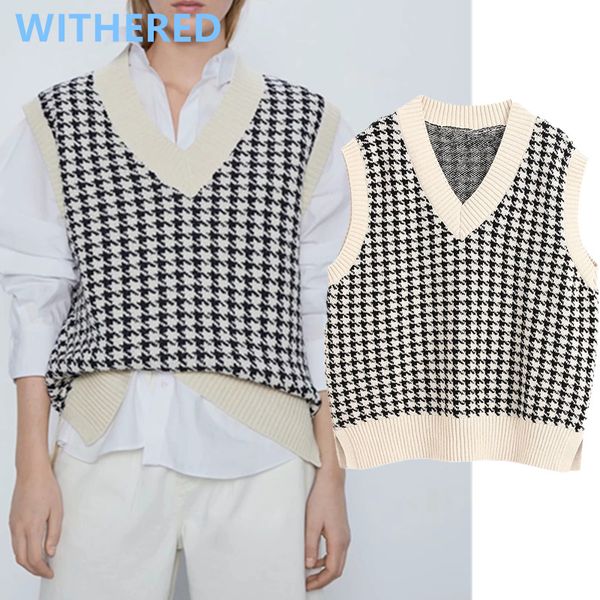 

withered england style vintage plaid houndstooth sleeveless loose vest sweaters women pull femme sweaters women pullovers, White;black
