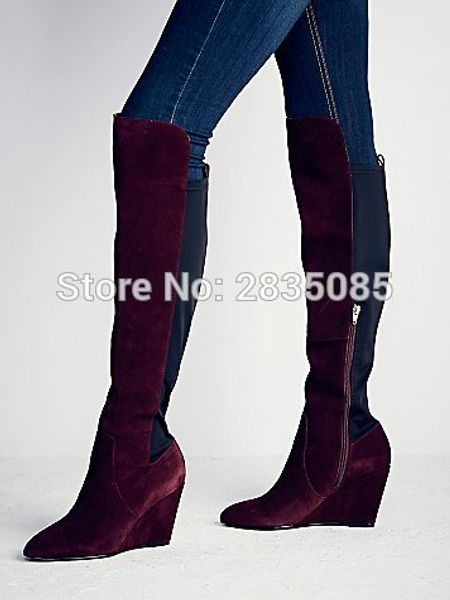 

patchwork women wedges pointed toe black claret navy suede botas mujer autumn winter ladies vintage shoes knee high wedge boots