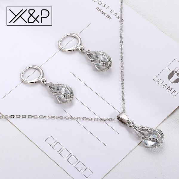 

x&p fashion gold silver hanging crystal jewelry set classic shiny korean cubic zirconia necklace earrings set jewelry