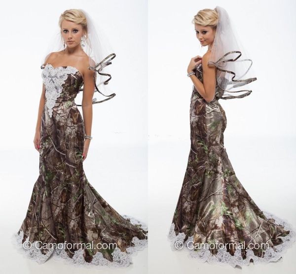 

2018 Elegant Mermaid Camo Wedding Dresses Sweetheart Appliques Satin Backless Country Wedding Dresses Camouflage Cowgirls Bridal Gowns