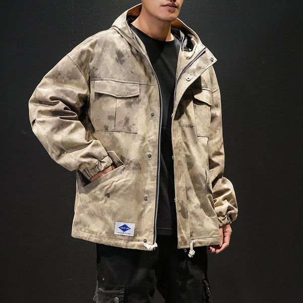 

2019 new style hooded tooling jacket camouflage straight-cut men's zipper cardigan coat, Black;brown
