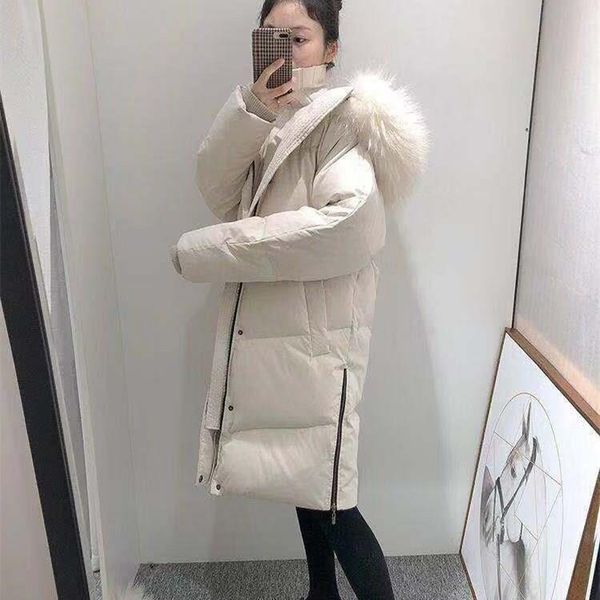 

winter fur collar white duck down padded jacket women thickened solid long parkas coat hooded coat loose outwear, Black