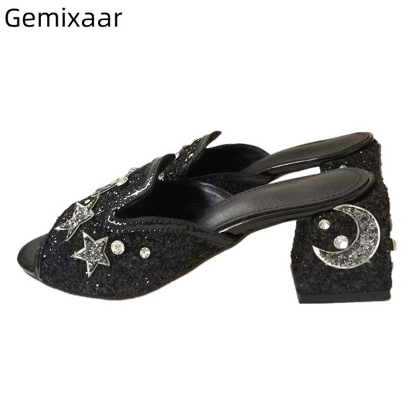 

star moon decor square heel slip-on lady mules open toe black sequins pearl rhinestone summer slippers women