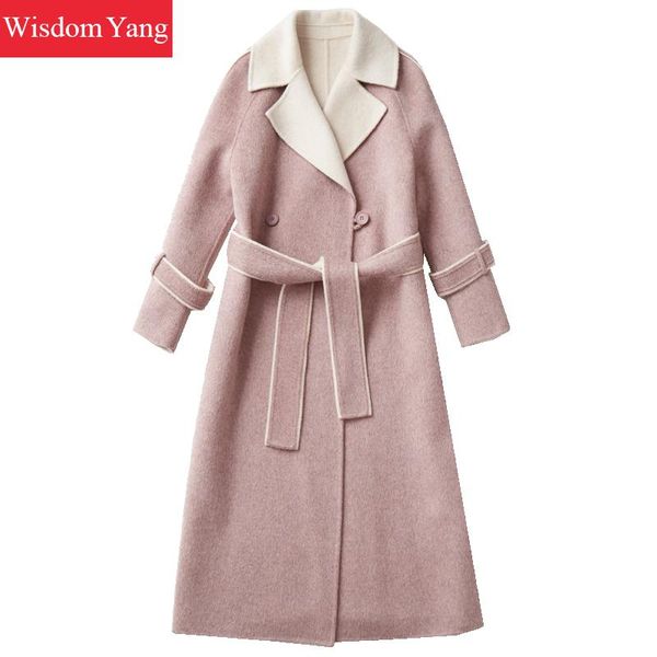 

elegant women beige pink brown sheep wool alpaca coats trench winter oversize long woolen overcoat casual coat lady outerwear, Black