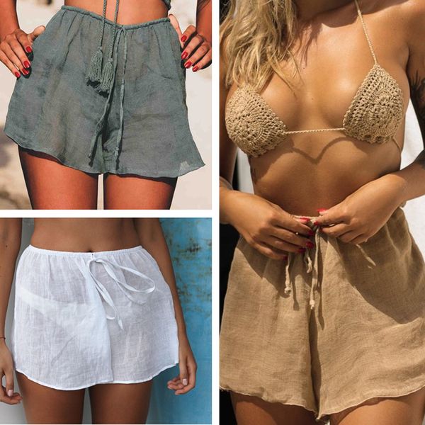 

высокая талия пляж штаны горячие шорты see through solid color color swim одежда шифон брюки шорты, White;black
