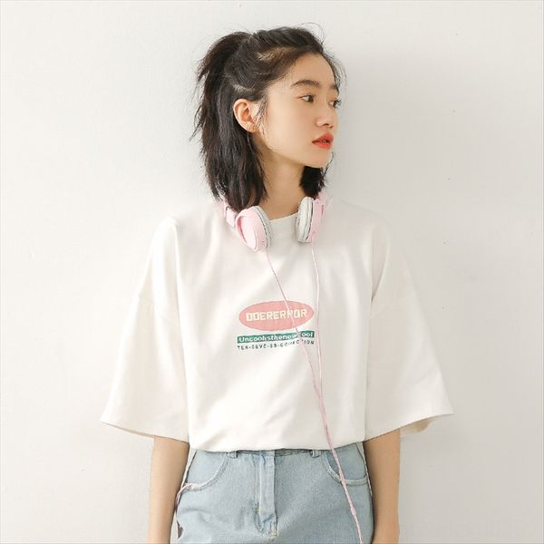 

2019 simple hipster loose shorts and shorts printed short-sleeved t- female student all-match shirt base shirt bf, White