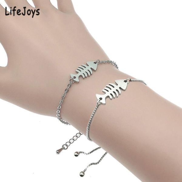 

lifejoys fish bone bracelet stainless steel fishbone charm slide chain bracelet women jewelry fashion sister gifts polished, Golden;silver