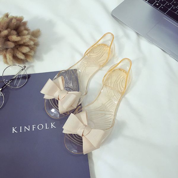 

lady transparent crystal jelly beach sandals woman flats shoes fish mouth bow women summer shoes, Black