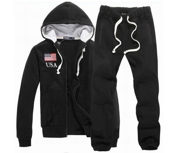

new mens tracksuits hooded sportsuits winter solid sweatshirts jacket hoodies sportswear small horse hoodies coat + pants set, Gray