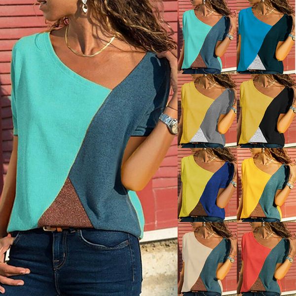 

womens ladies patchwork summer tank casual short sleeve loose beach t shirt, White