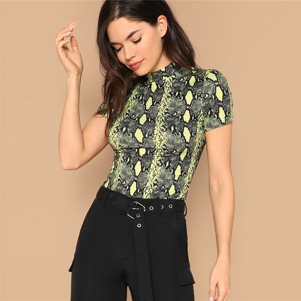 

woman shirt women designer clothes stand by neck yellow snake skin print mounted women 2019 lent mounting casual office womens teas, White