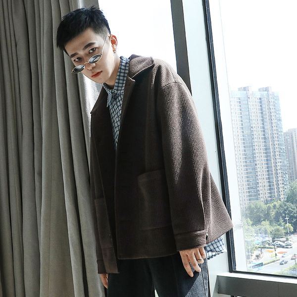 

new autumn/winter 2019 slimming cotton pure color cotton-padded clothes loose casual lapel personality youth men's wear, Black