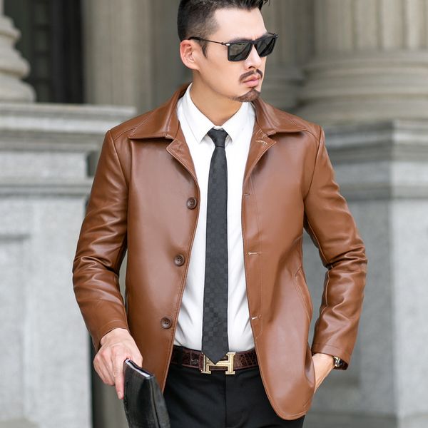 

short lapel and cotton men's leather jacket selling thin sheet middle aged and old age jacket leather business casual, Black