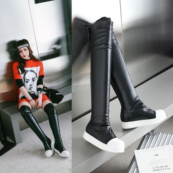 

size 35-43 autumn winter women's high-quality shoes elastic material platform women's boots 2019 new knee boots high, Black