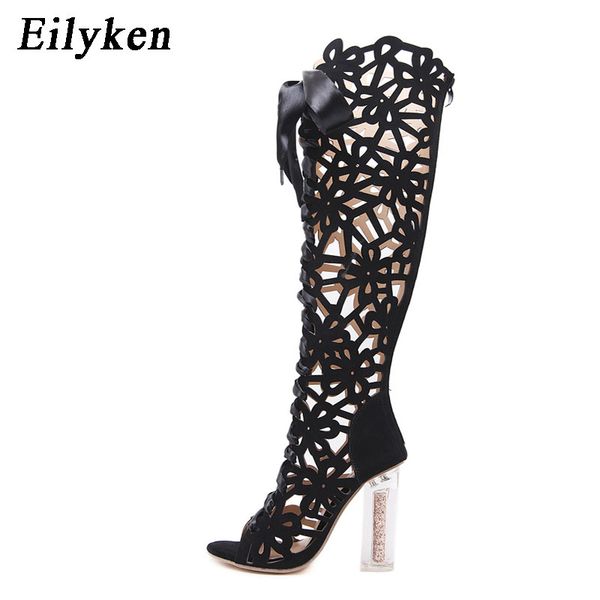 

eilyken over the knee thigh high boots open toe gladiator sandals party club wear women square heel crystal shoes 12cm, Black