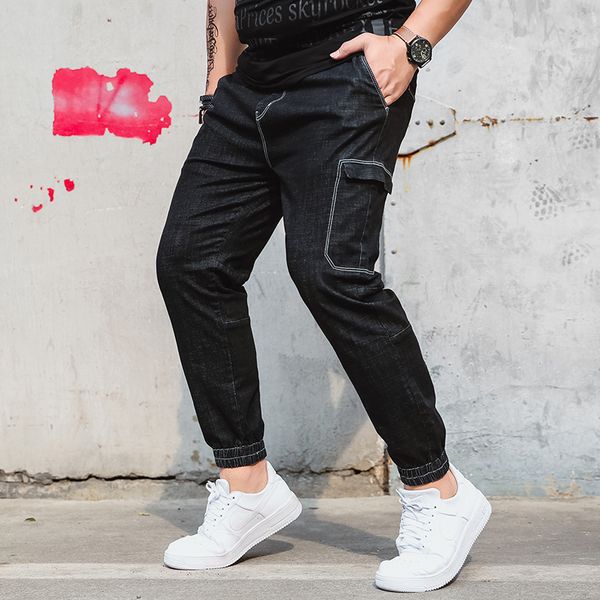 

2019 fashion hip hop patch men retro jeans multi pockets zipped biker jeans men loose slim destroyed torn ripped denim man, Blue
