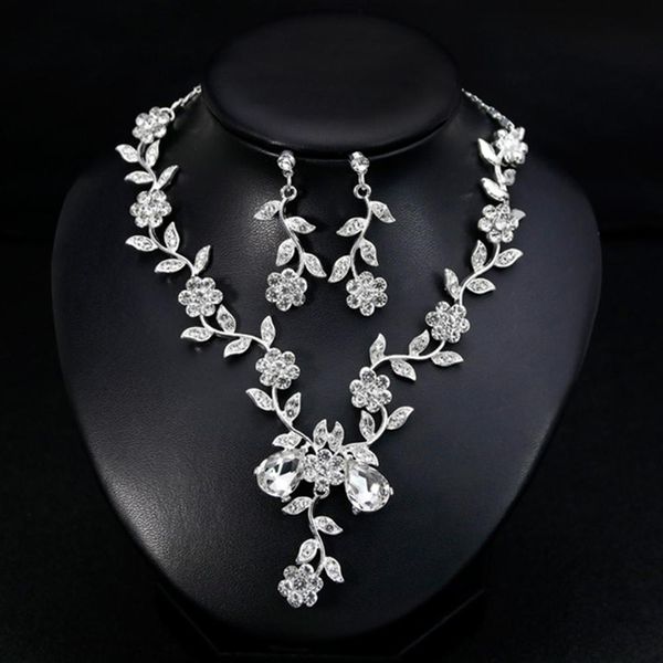 

women's rhinestone leaves flower necklace stud earrings wedding bridal jewelry set, Silver