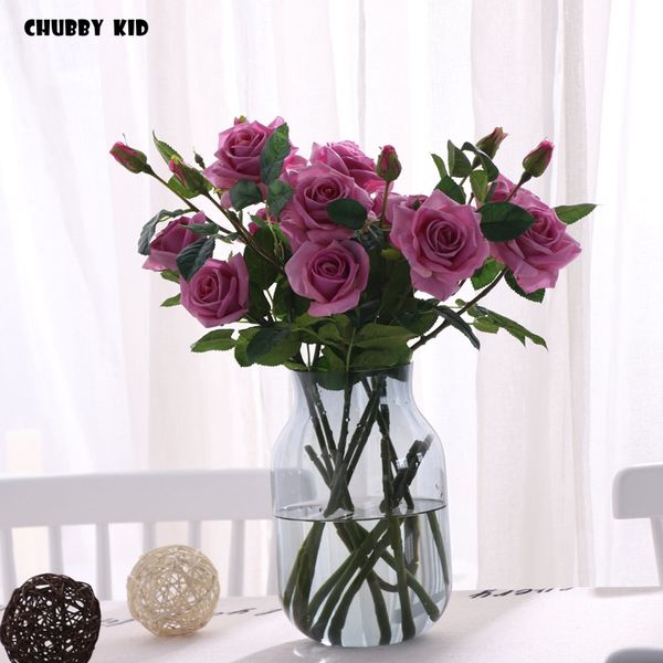 

real touch 3 heads artificial latex rose flowers high simulation wedding decorative moisturizing feel long stem roses bunch 6pcs
