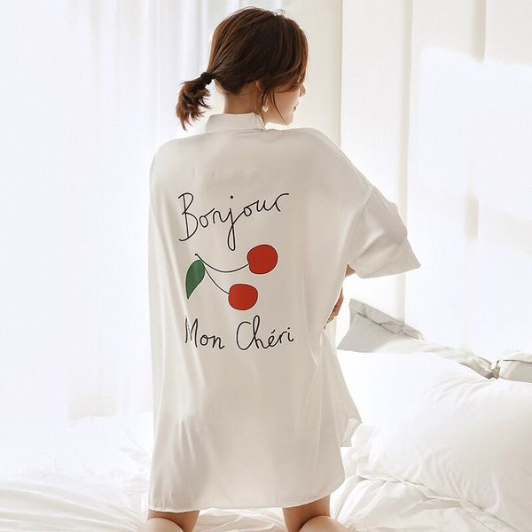 

spring summer nightdress women print sleepshirts half sleeve sleepwear silk nightwear oversize nightshirts satin nightgowns, Black;red