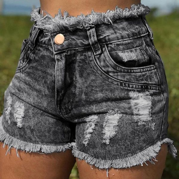 

gray jeans women button summer shorts women fashion pocket hole jeans female high waist shorts retro high street wear, Blue