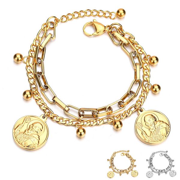 

1 pcs vintage charm prayer christian jesus stainless steel chain & link bracelet multi-layer gold color for women christ chain, Black