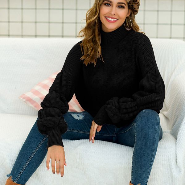 

womens high neck sweater lotus knot long sleeve loose casual pullover sweater@88, White;black