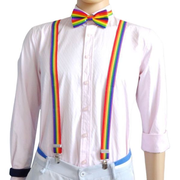 

men women 3 piece rainbow striped costume set adjustable y-back elastic suspenders bow tie necktie party accessories, Black;white