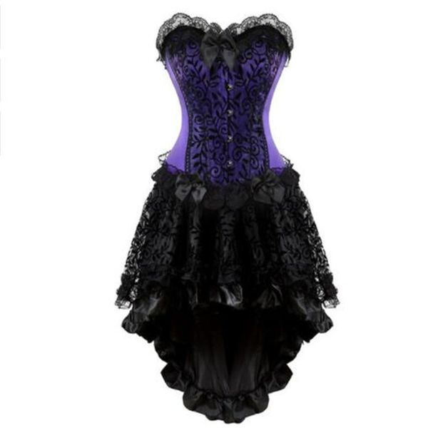 

women burlesque dancer dress witch halloween bustier corset gothic lace vintage corset dress with skirt set plus size 6xl, Black;white