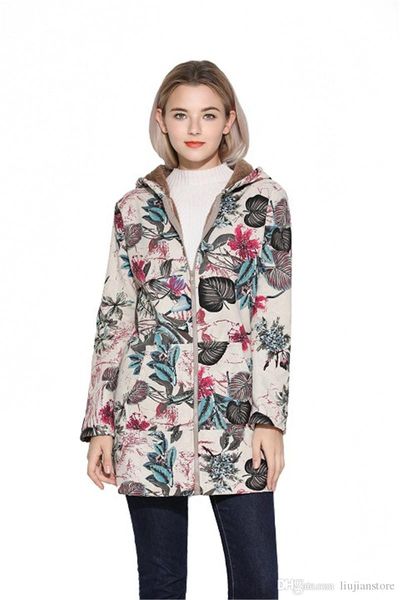 

winter women designer thick jackets womens floral printed long sleeve coat casual women hooded outwear with zipper, Black;brown