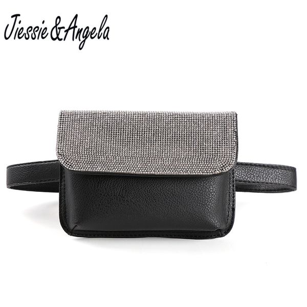 

jiessie & angela new shinny crystal fanny pack long belt bags women waist bags fashion pu leather chest bag for iphone plus