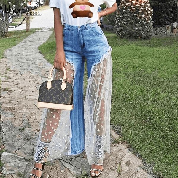 

high waist perspective jeans for women fashion star printing lace loose denim pant casual female long wide leg tassel trouser, Blue