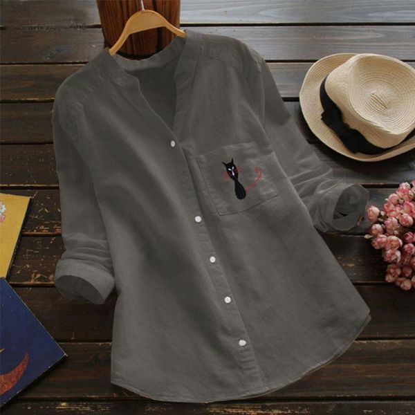 

women t-shirt spring fashion embroidery cotton and linen v neck long sleeved t-shirt casual shirts #40%, White