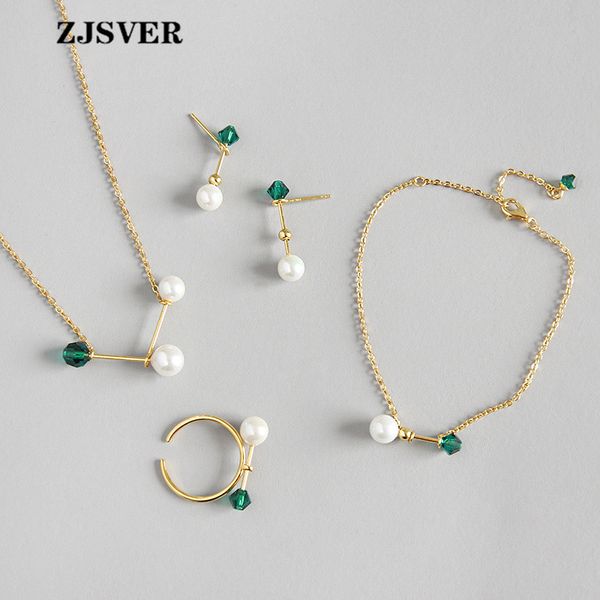 

zjsver 925 sterling silver jewelry set matchstick shape with pearl necklace bracelet stud earring ring for women fashion jewelry, Black