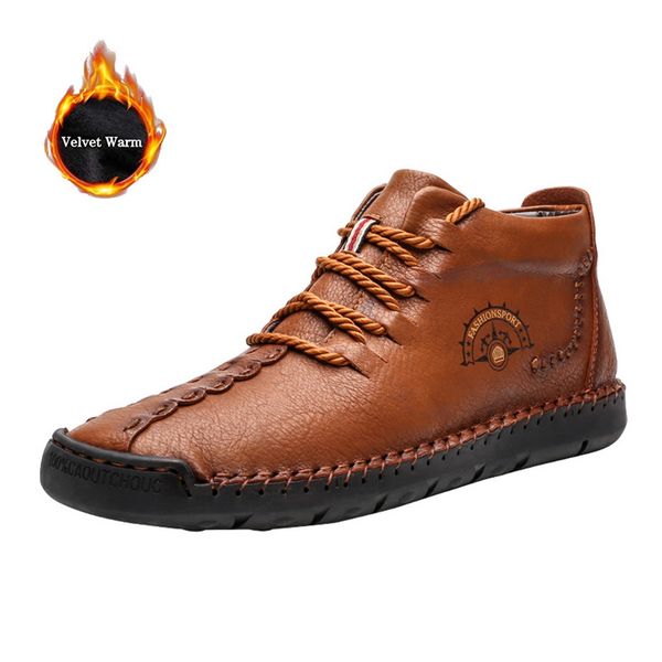 

2019 fashion warm fur plush men boots split leather wterproof ankle snow boots lace-up rubber outdoor winter shoes plus size 48, Black