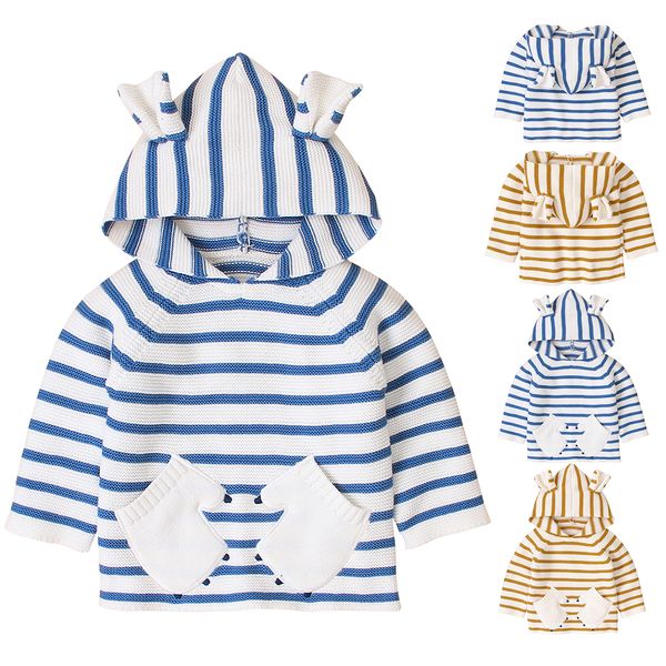

new stripe sweaters baby girls autumn hooded newborn boys knitted jackets cute ear pullover children's long sleeve clothing, Black