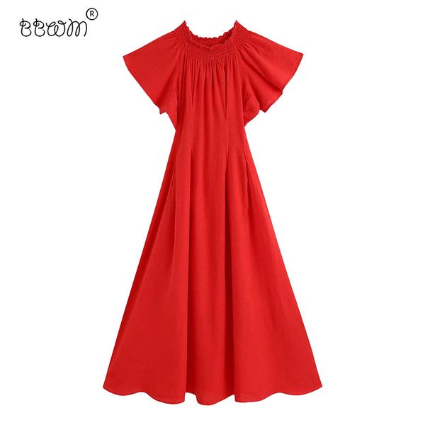 

2020 women chic fashion red ruched long dress vintage wide elastic slash neck ruffled sleeve dresses female outfits, Black;gray