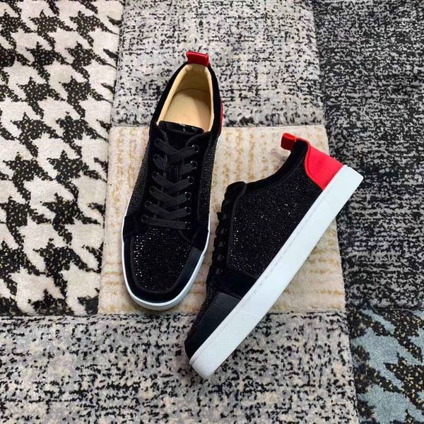 

2020 black strass junior low sneakers men red bottom shoes luxury designer casual leisure flats party wedding chaussures homme eu35-47