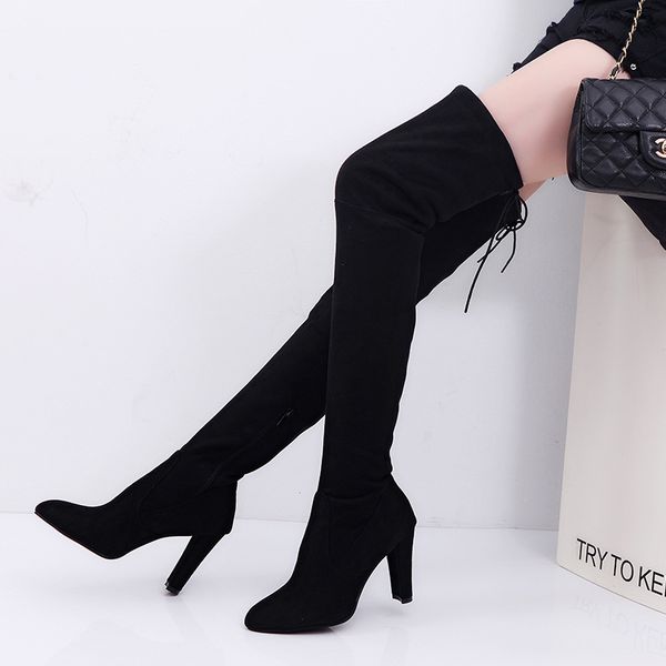 

2019 sharp high with woman boots zipper thin bandage overknee boots elastic, Black