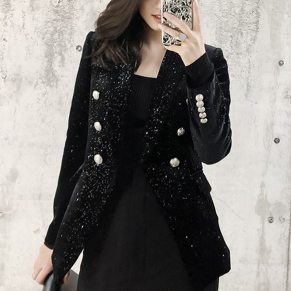 

velvet blazer women autumn winter temperament black gold velvet short suit jacket womens blazer casual long feminino, White;black