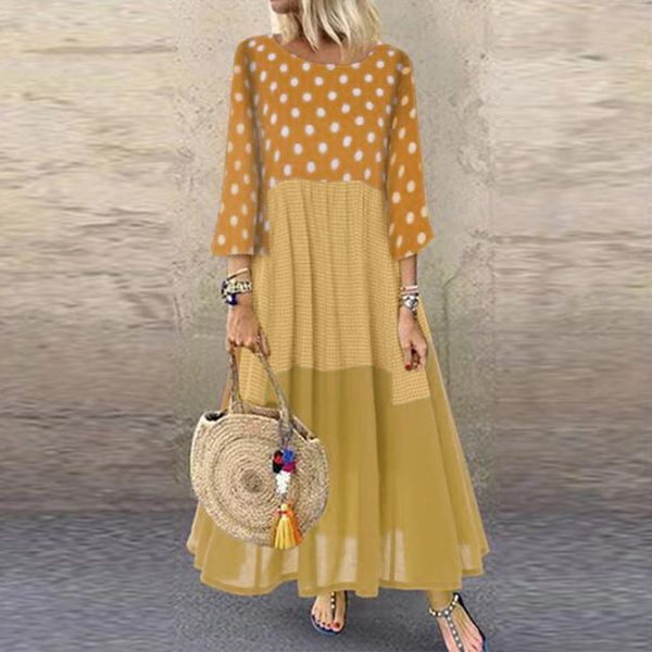 

zanzea 2019 women cotton linen dresses casual vintage patchwork sundress autumn polka dot long dress vestido femme robe baggy, Black;gray