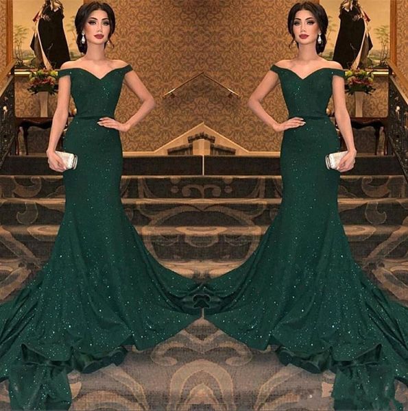 

2019 Elegant Arabic Dark Green Sequined Off The Shoulder Mermaid Evening Dresses Ruched Floor Length Evening Prom Gowns Party Dress, Black
