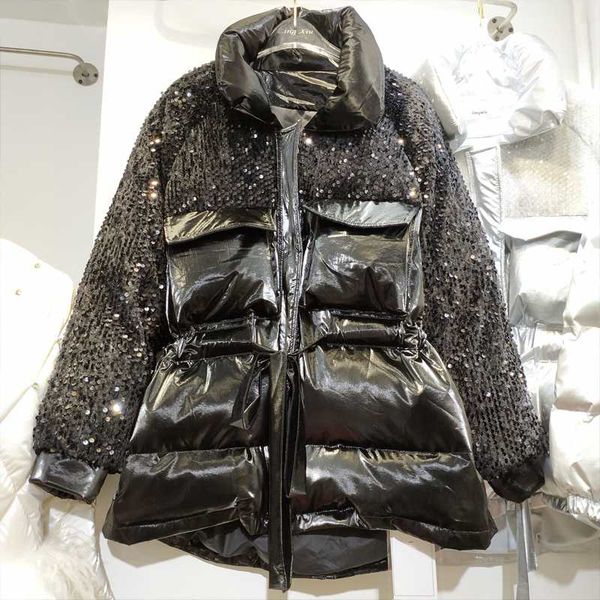 

ewq] 2019 new winter cotton padded clothes coat new korean loose waist warm bread coat winter jacket female silver parka qz420, Black