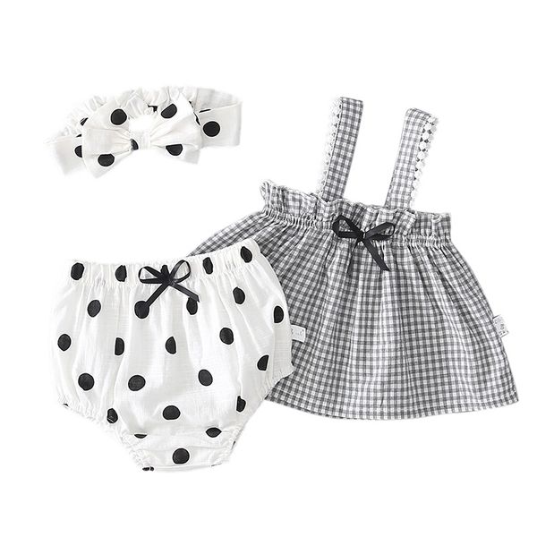 

rompers clothes sets bow polka dot briefs+head band 3pcs sleeveless outfits set summer fashion baby girls, White