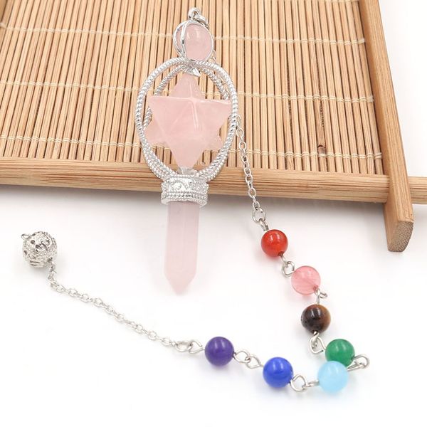 

10 pcs merkaba symbol many colors quartz stone pendant with round beads chain silver plated healing reiki chakra jewelr