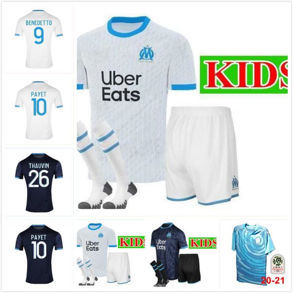 

2020 2021 olympique de marseille kids kit soccer jersey 20 21 om maillot de foot payet .gustavo thauvin child marseille football shirts, Black;white