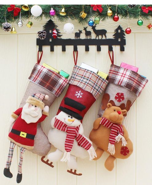 

20pcs christmas stocking plaid wool santa claus snowmansock 21.5x59cm gift bag kids xmas candy bag bauble christmas tree supplies dhl
