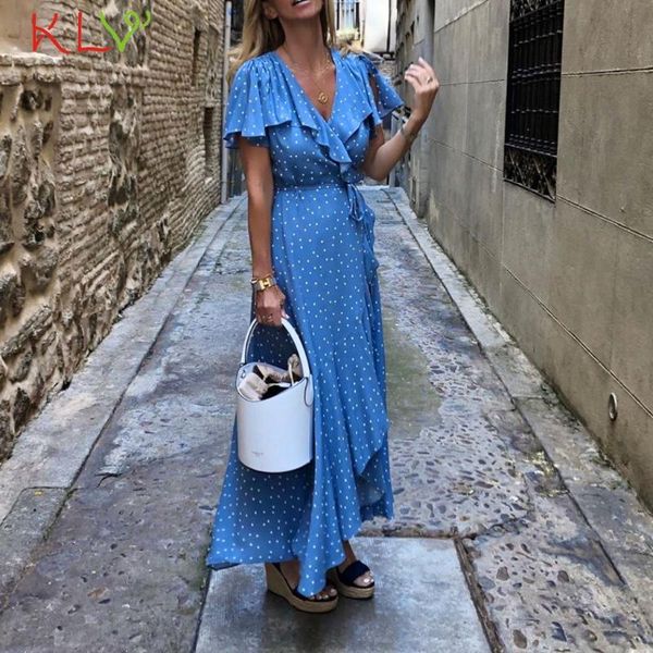 

maxi dress boho blue white polka dot ruffles bandage summer dresses casual beach party designer women clothes vestidos 20fb, Black;gray