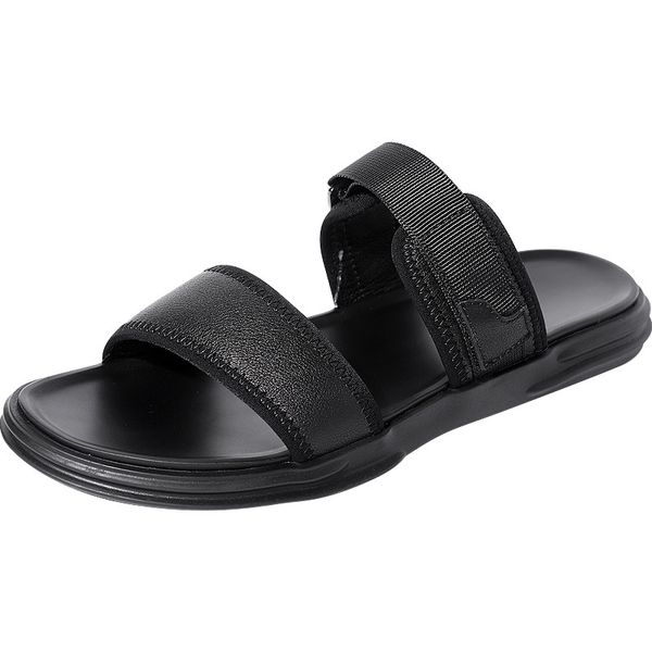 

anti-skid summer genuine leather mens genuine leather slippers casual outdoor all-match beach shoes men cowhide, Black