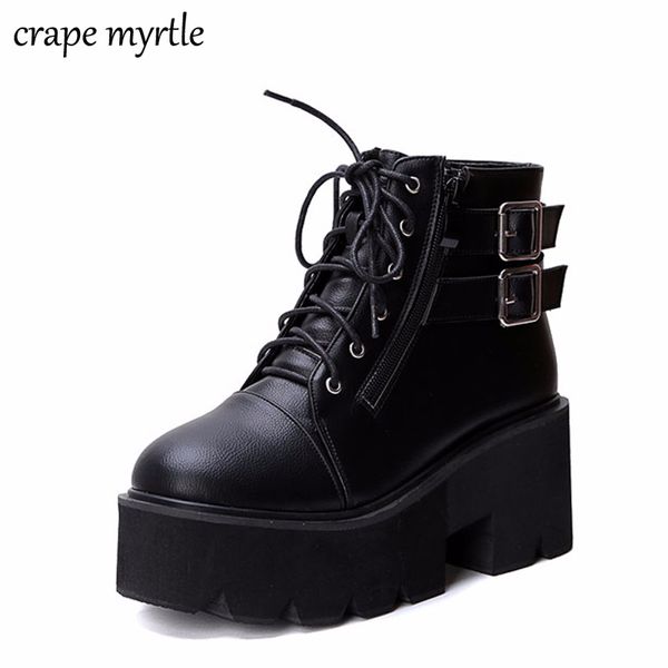 

lace up boots 2019 fashion thick heel ankle boots women high heels autumn winter woman shoes punk boots platform shoes yma413, Black